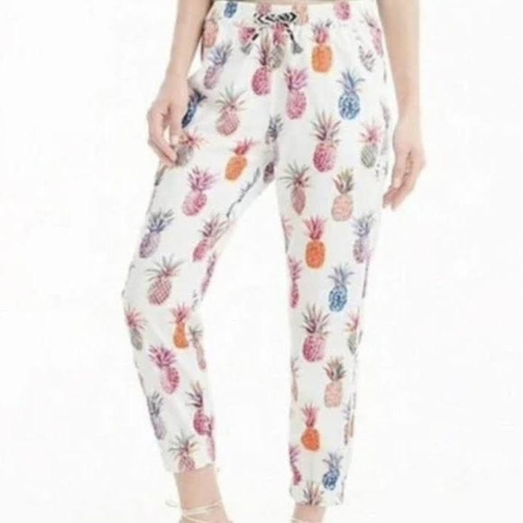 WOMEN'S J CREW SEASIDE PULL ON PANTS IN WHITE RATTI PAINTED PINEAPPLES - Picture 3 of 7